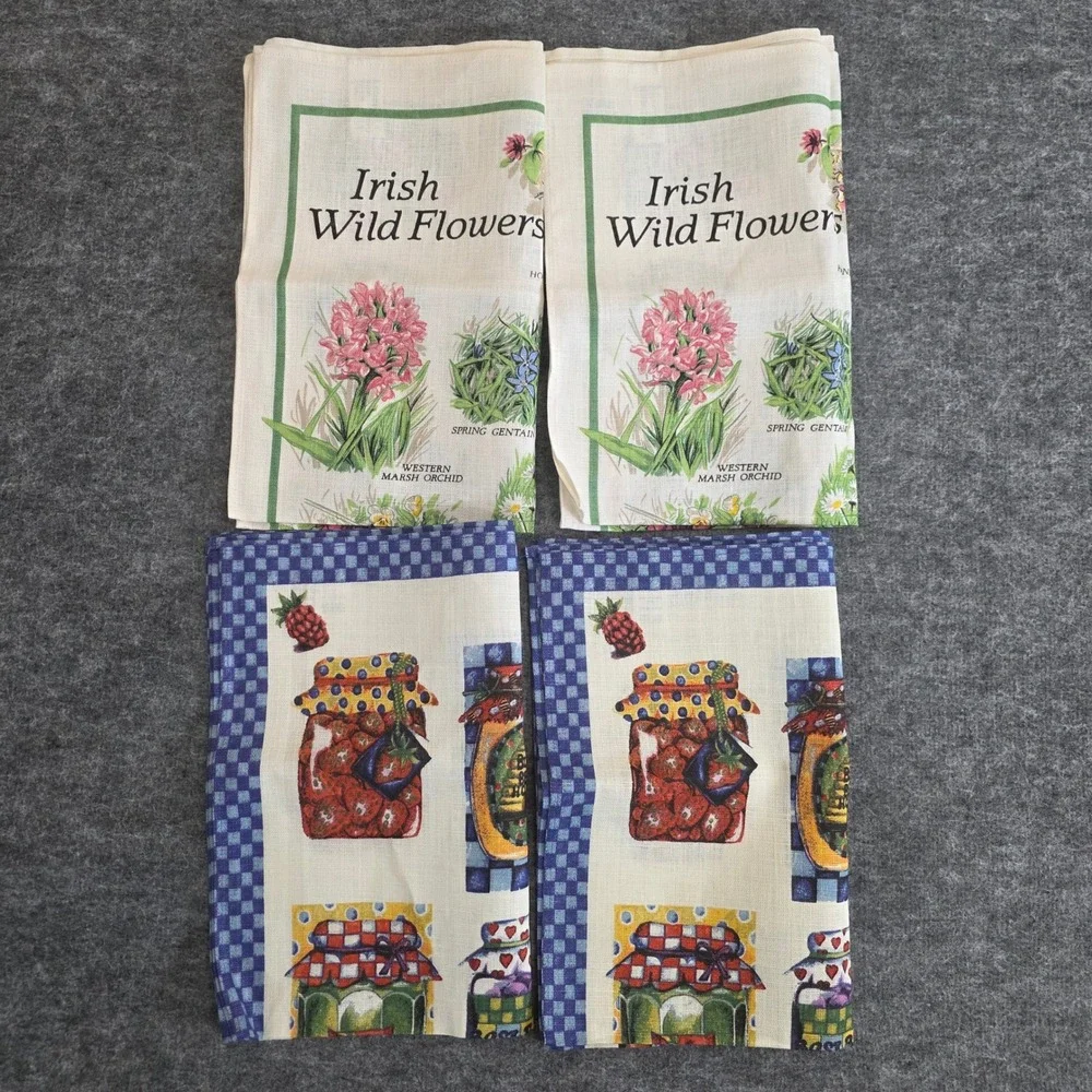 VTG 2 Pairs Ulster Weavers Irish Linen Tea Towels Wild Flowers Jam Jars Kitchen
